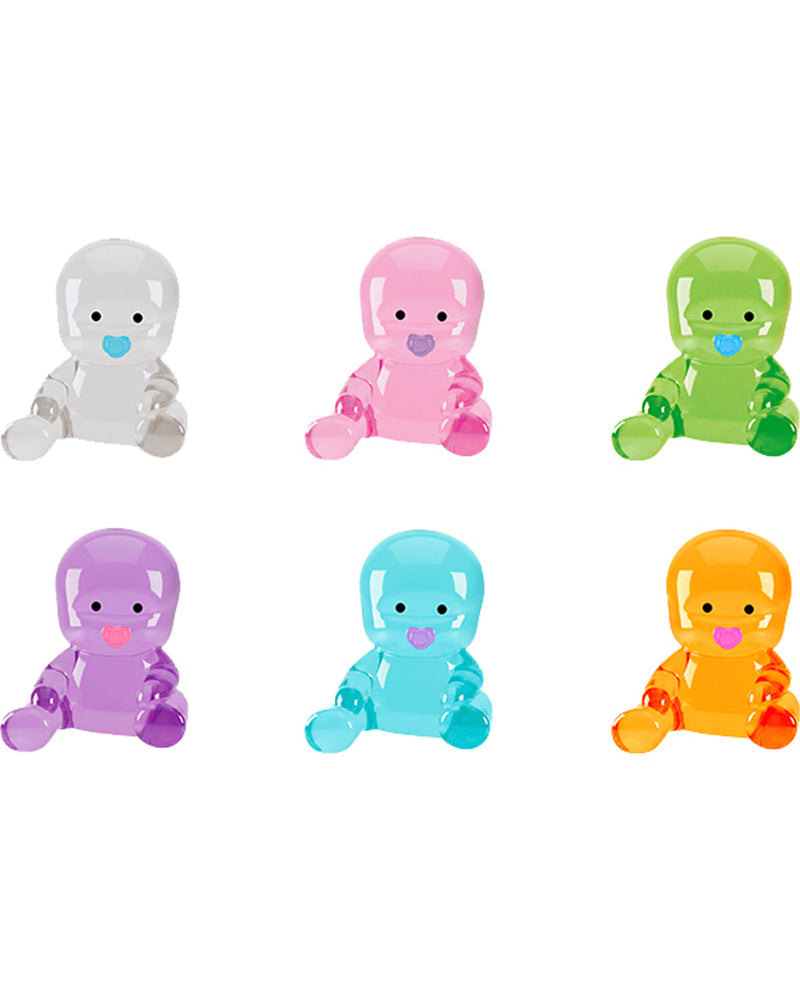 Set of six colorful baby figurines in different colors on a white background