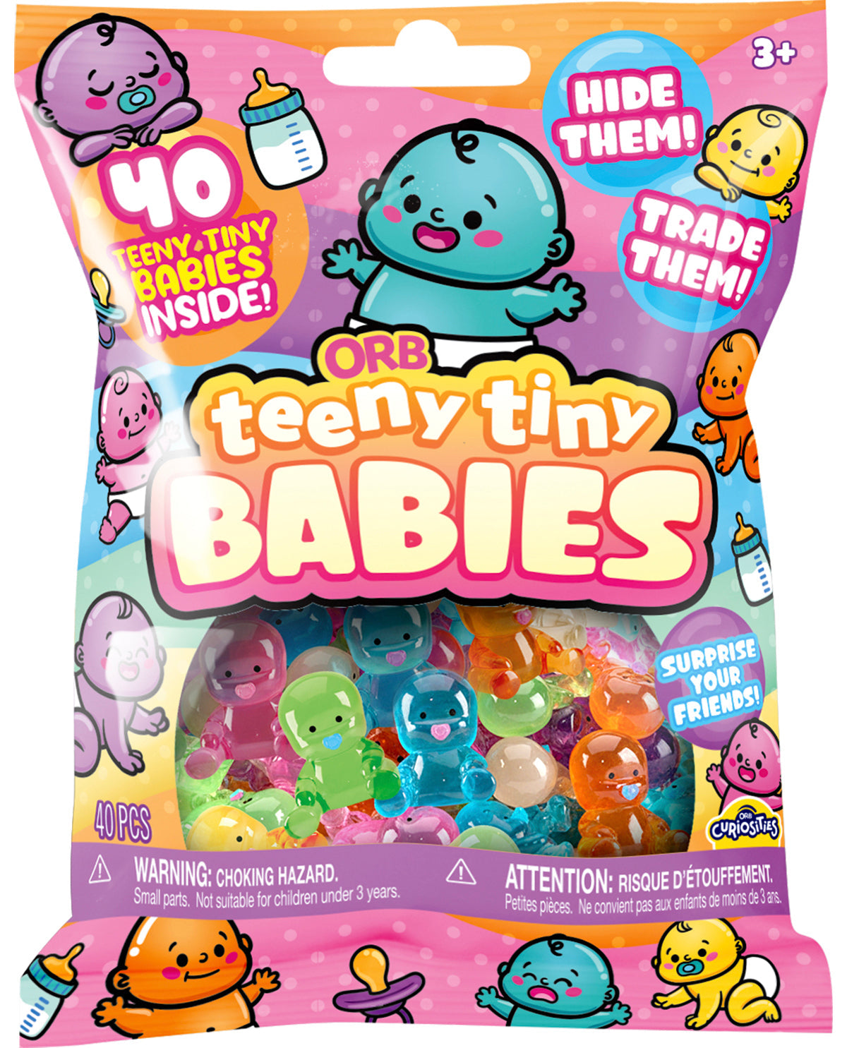 Package of Orb teeny tiny babies with colorful characters and text on a pink background