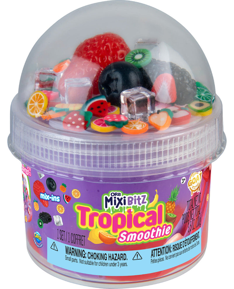 Toy set in a container labeled 'Mixititz Tropical Smoothie' with colorful fruit-themed packaging.