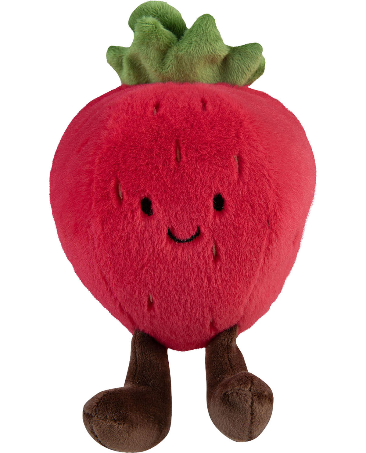 Plush toy strawberry with a smiling face on a white background