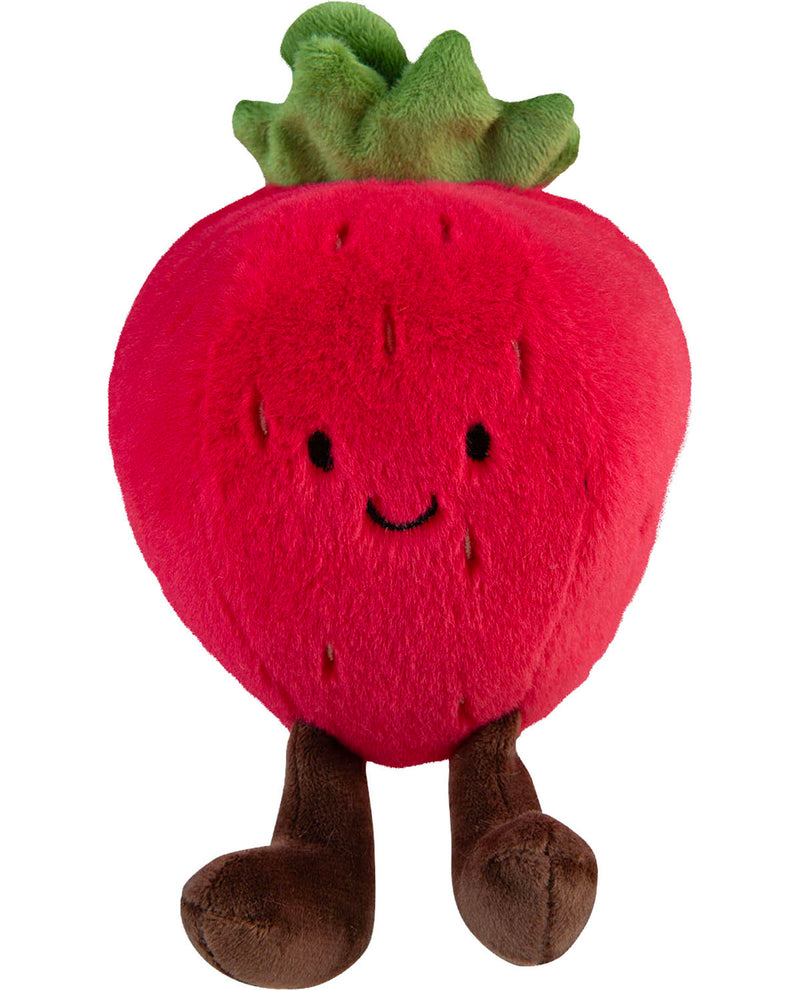 Plush toy strawberry with a smiling face on a white background