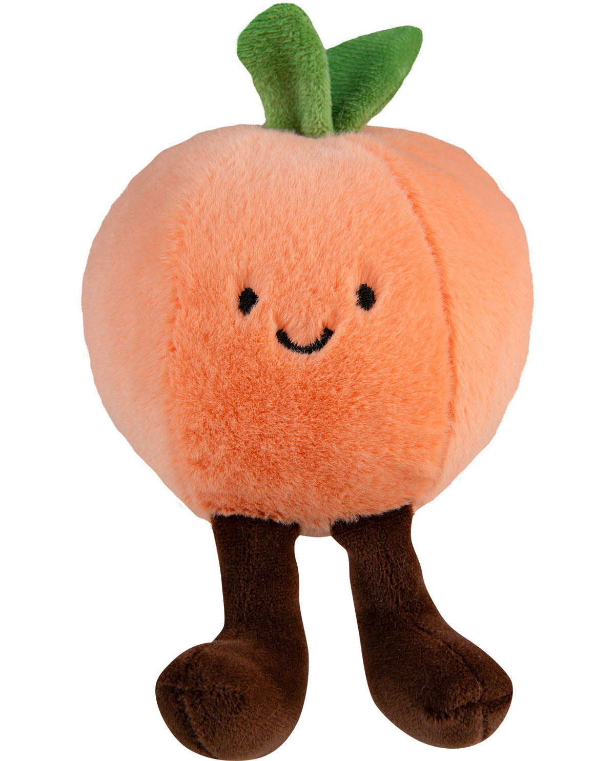 Plush toy shaped like a peach with a smiling face on a white background