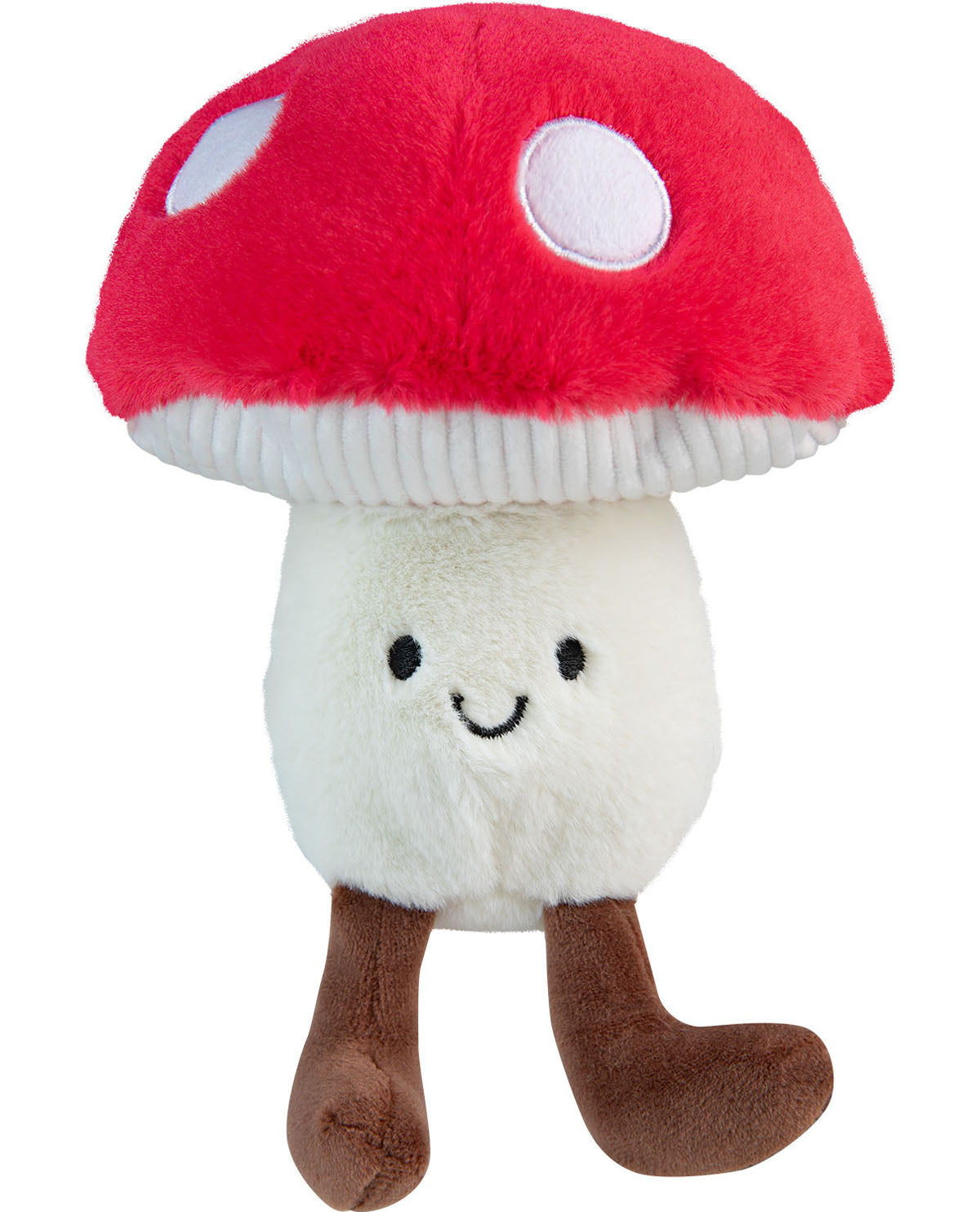 Plush toy mushroom with a red cap and white body on a white background