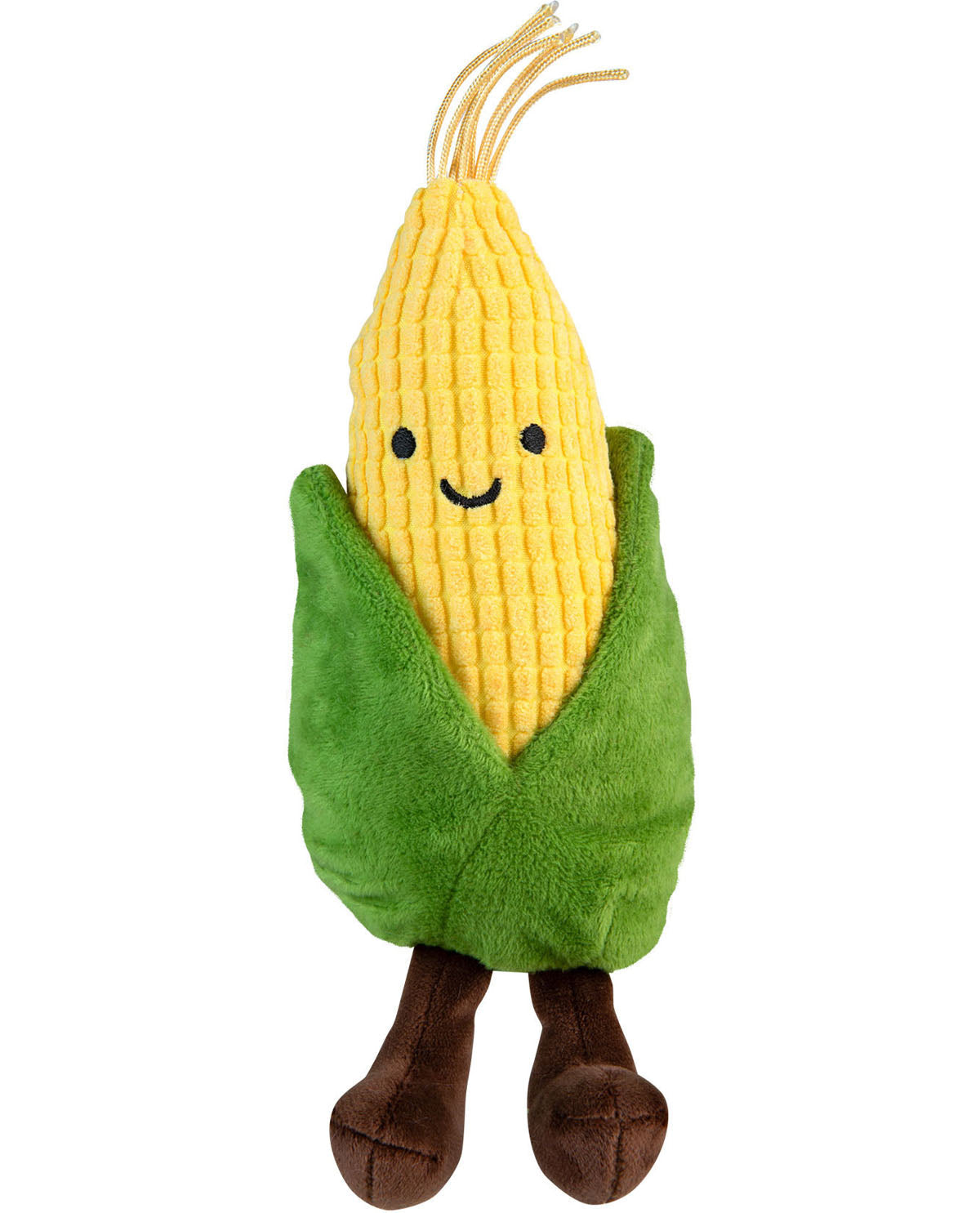 Plush toy resembling a corn on the cob with a smiling face on a white background