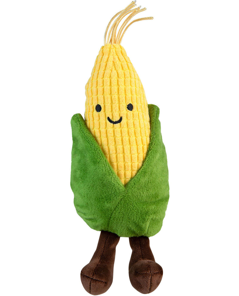 Plush toy resembling a corn on the cob with a smiling face on a white background