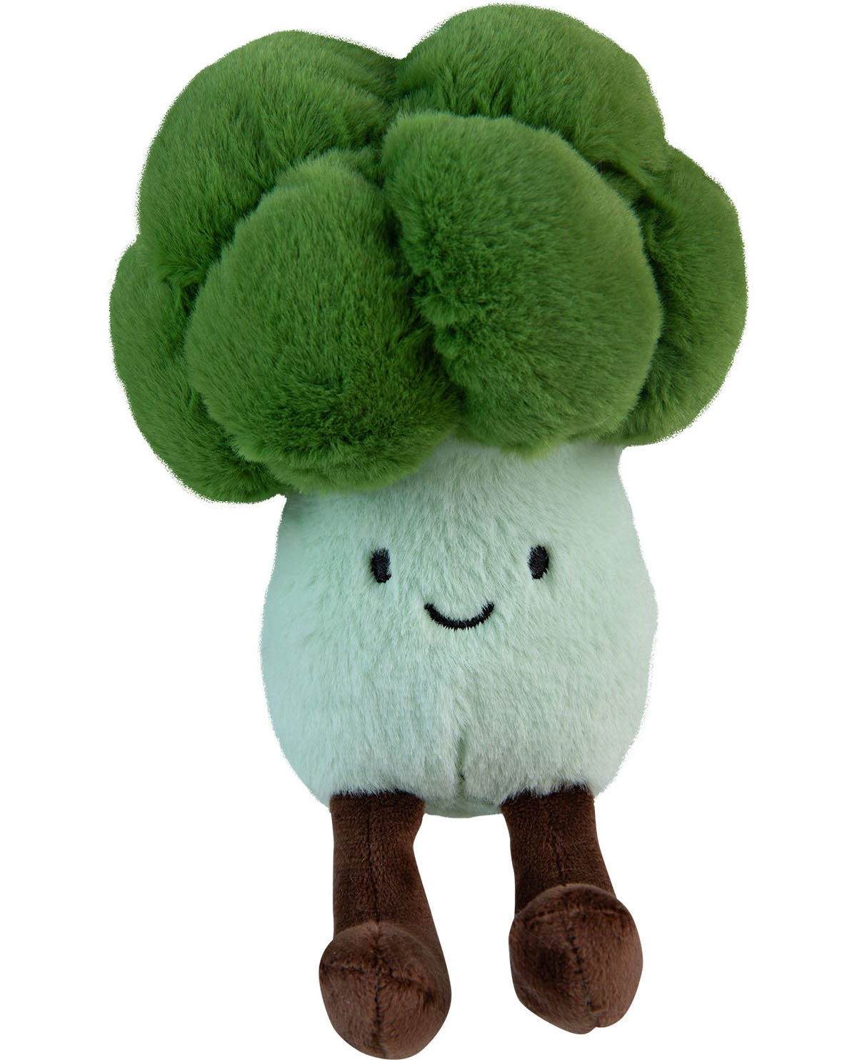 Plush toy shaped like a broccoli with a smiling face on a white background