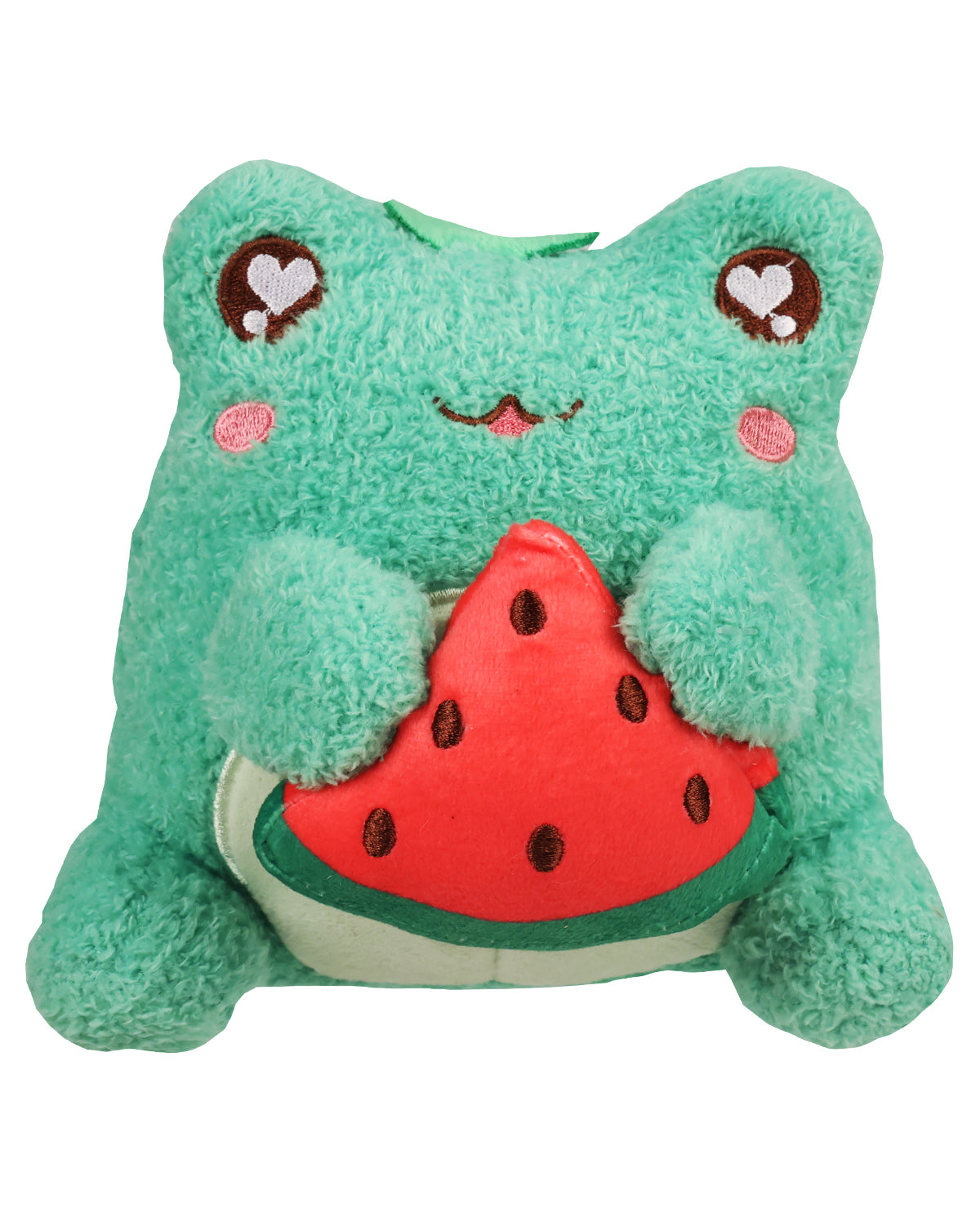 Plush toy frog with a watermelon on a white background