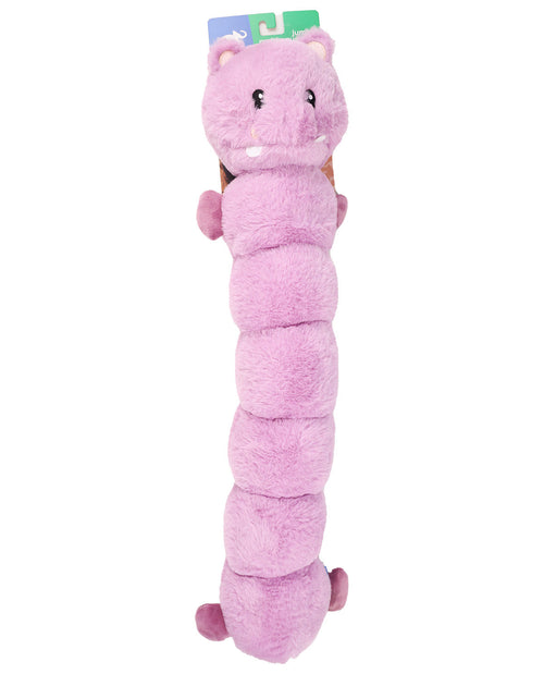 A pink plush caterpillar dog toy with a stitched face and small feet, shown on a plain white background with its retail tag attached at the top.