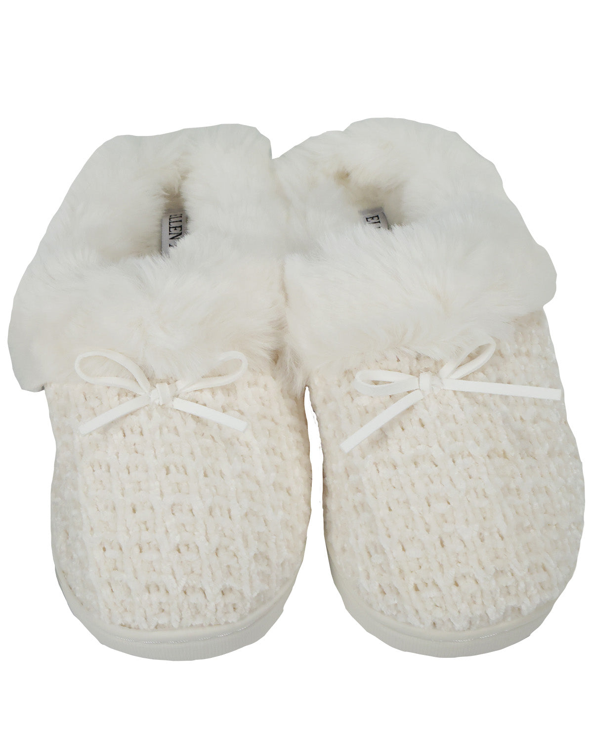 A pair of off-white knit slipper boots with fluffy faux-fur trim and matching bow details on the front, shown against a plain white background.