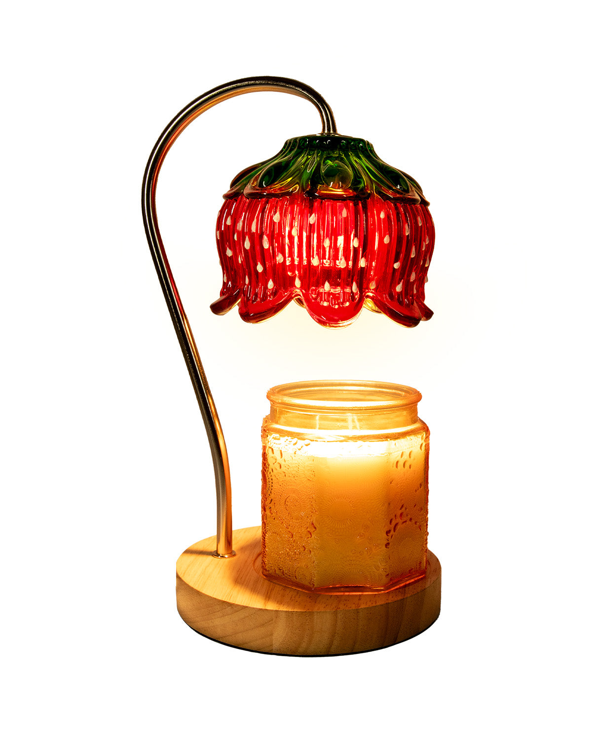 Decorative lamp with a red floral shade and wooden base on a white background