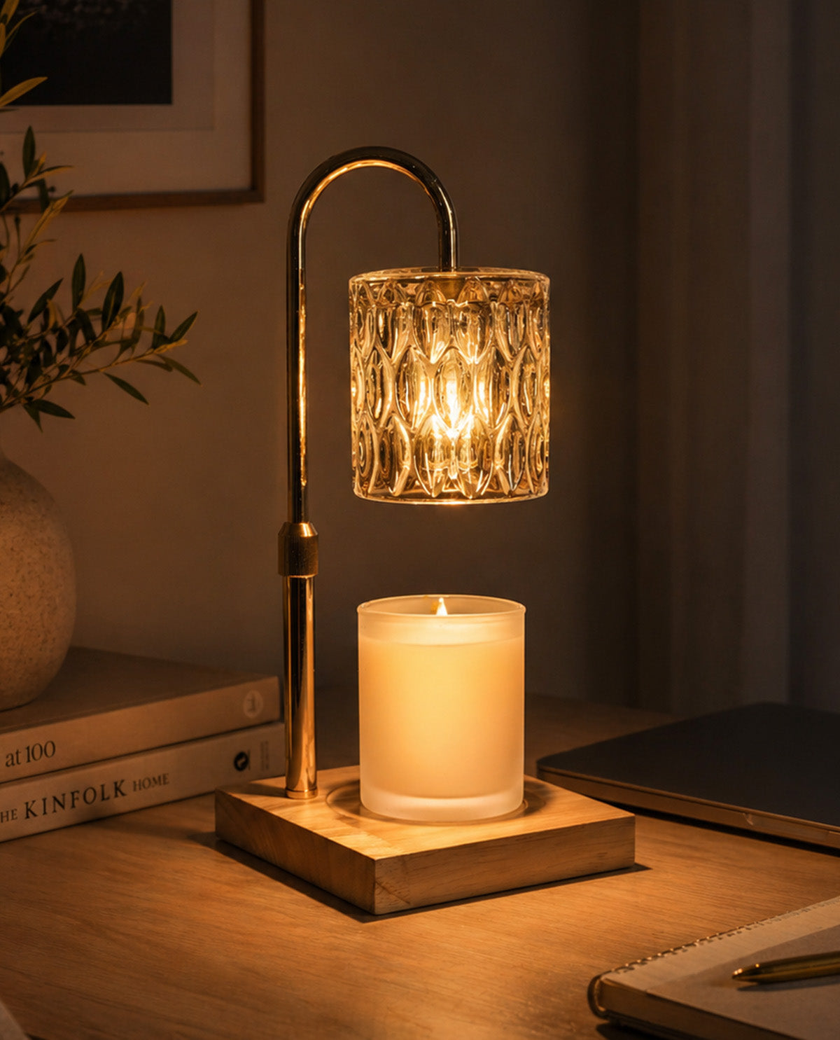 Adjustable Wood Base & Glass Shade Candle Warmer