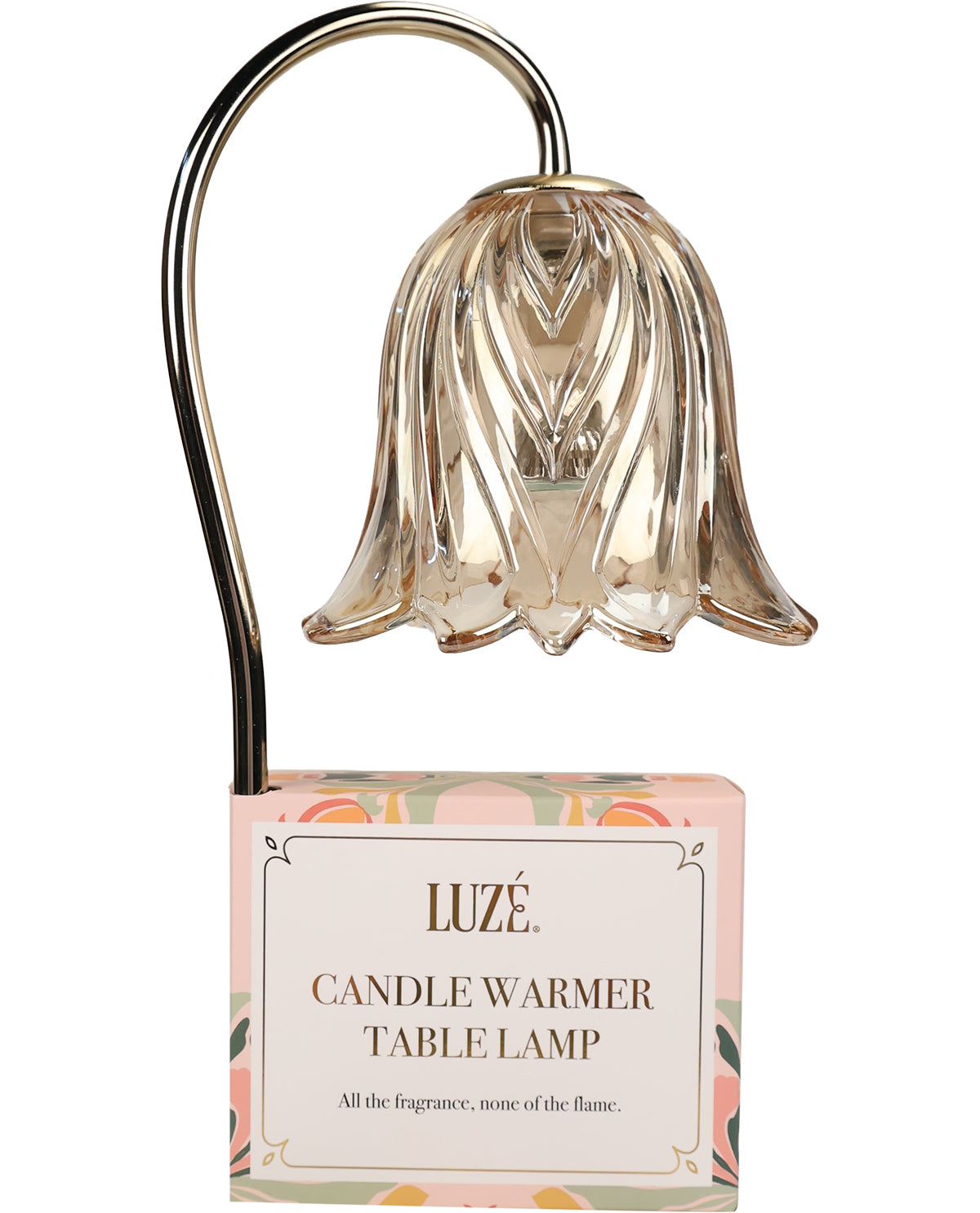 Luzé candle warmer table lamp with a clear bell-shaped glass shade and curved black metal stand, shown with its retail box on a white background.