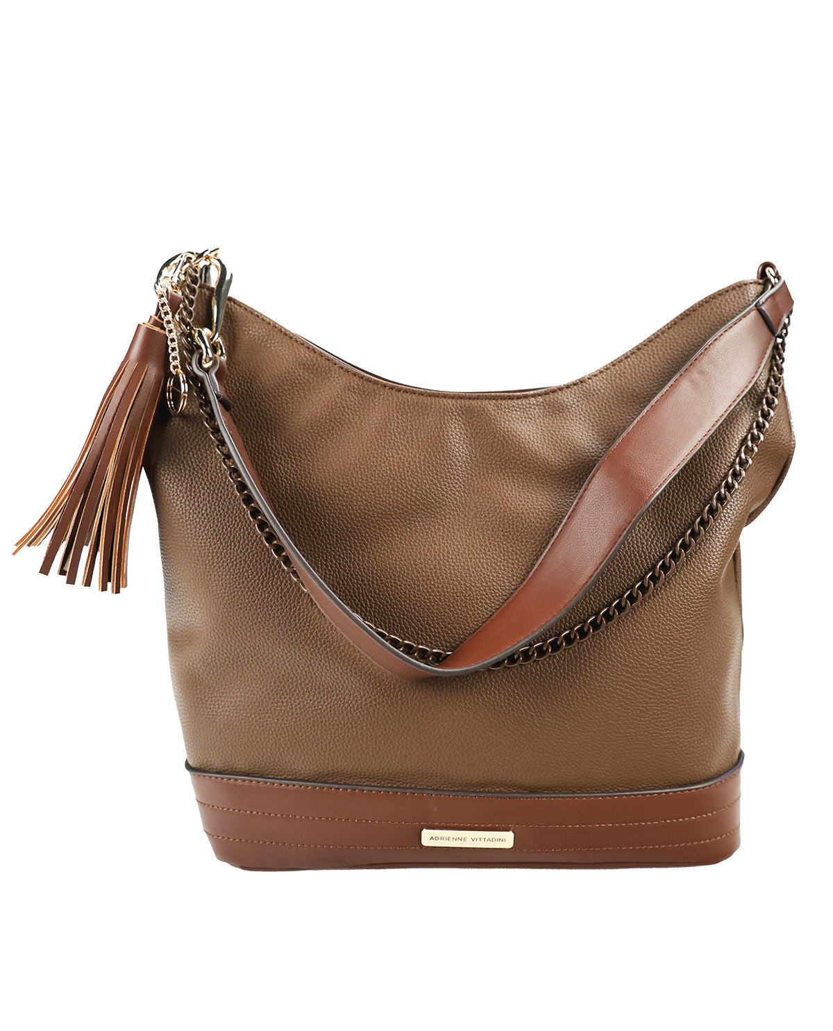 A brown pebbled faux-leather hobo shoulder bag with a matching brown leather strap, gold-tone chain accents, and a brown leather tassel, shown on a plain white background.