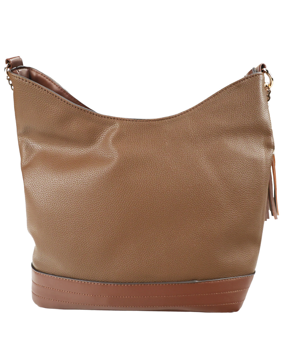 A tan pebbled leather hobo shoulder bag with a solid brown base trim and a small leather tassel detail, shown against a plain white background.