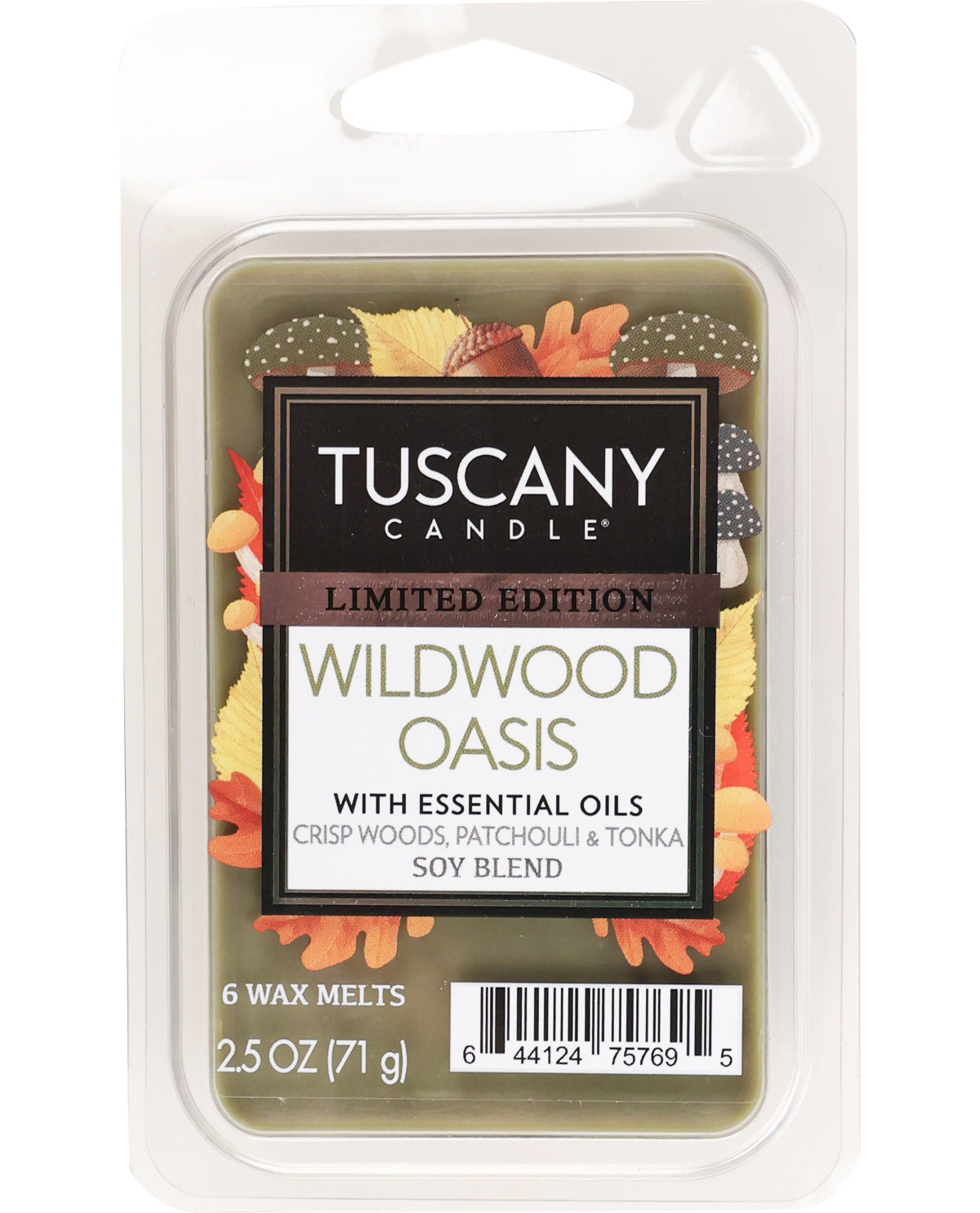 Tuscany Candle Wildwood Oasis wax melt package on a white background