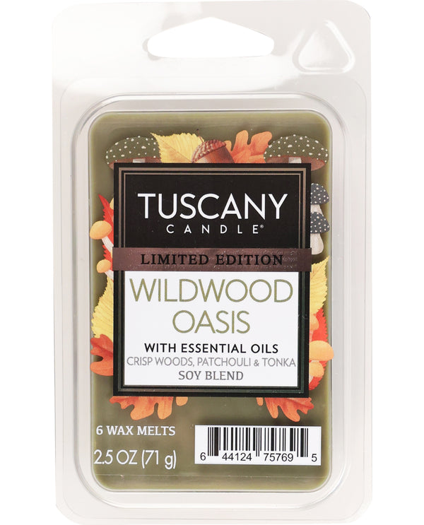 Tuscany Candle Wildwood Oasis wax melt package on a white background