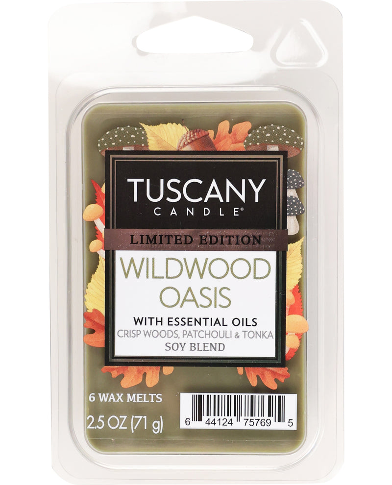 Tuscany Candle Wildwood Oasis wax melt package on a white background