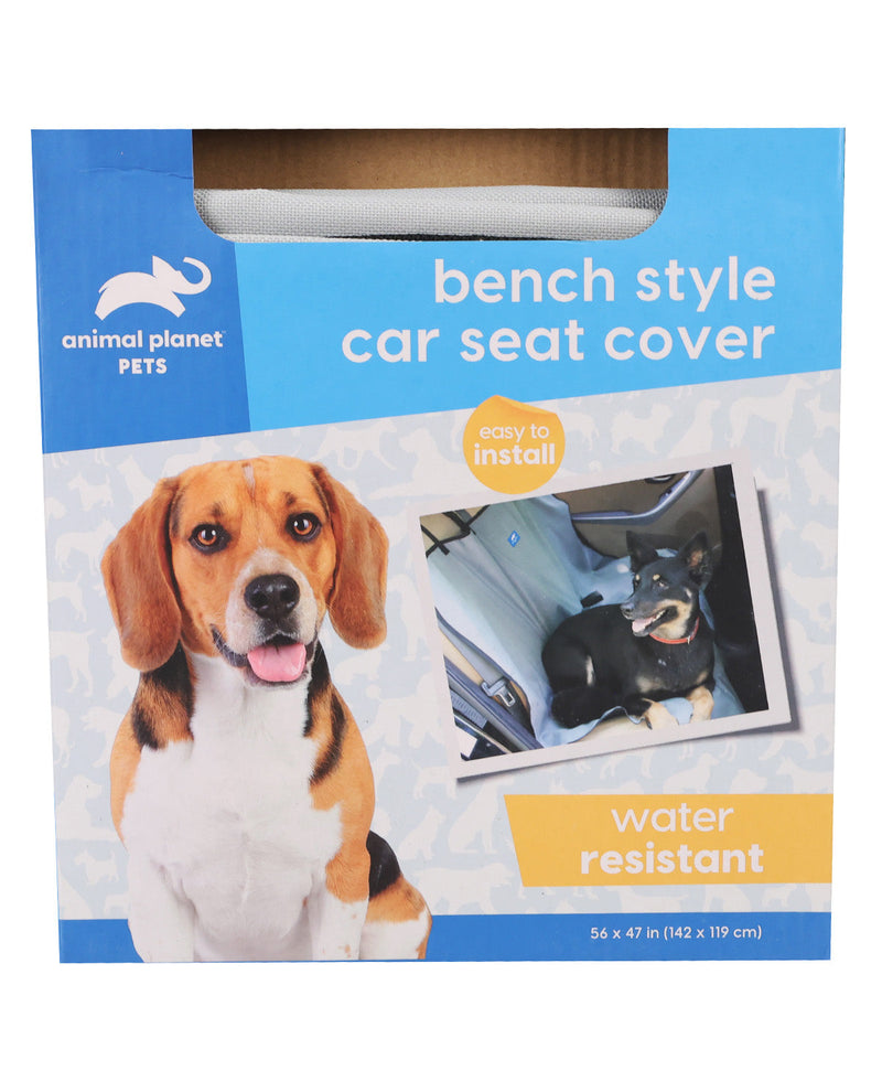Animal Planet Pets bench style car seat cover packaging, featuring a blue and white design with a beagle photo, a small inset photo of a dog in a car seat, and text noting it is water resistant and easy to install.