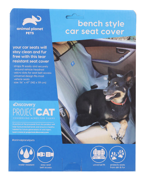 Animal Planet Pets Discovery Project Cat bench style car seat cover packaging, featuring a black and tan dog sitting in a car seat with the cover installed, on a blue and white cardboard backing.