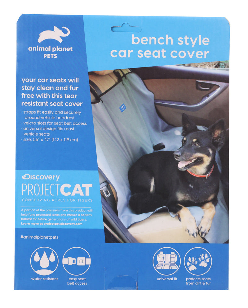 Animal Planet Pets Discovery Project Cat bench style car seat cover packaging, featuring a black and tan dog sitting in a car seat with the cover installed, on a blue and white cardboard backing.