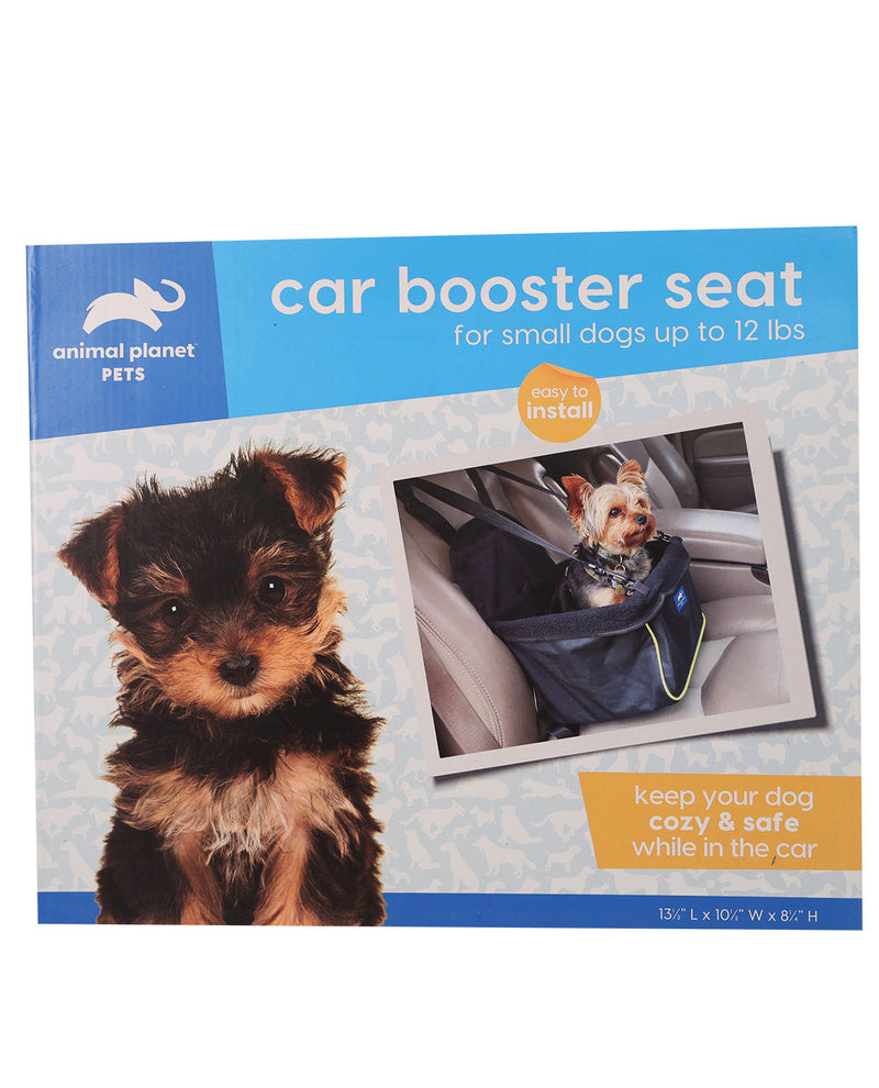 Animal Planet Pets car booster seat packaging box, featuring a small black and tan puppy on the left and an inset photo of a dog sitting in the blue booster seat inside a car.