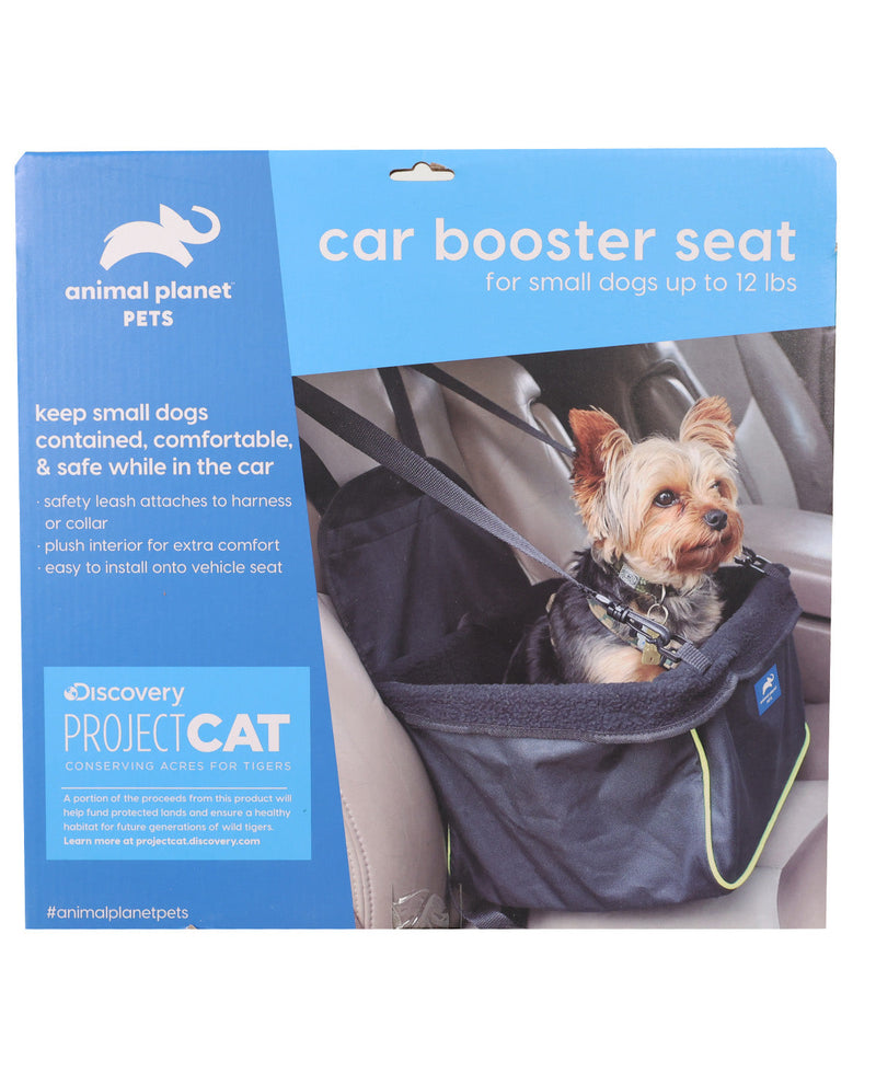 Animal Planet Pets car booster seat in blue packaging, featuring a small dog sitting inside the black mesh car seat on a light gray background.