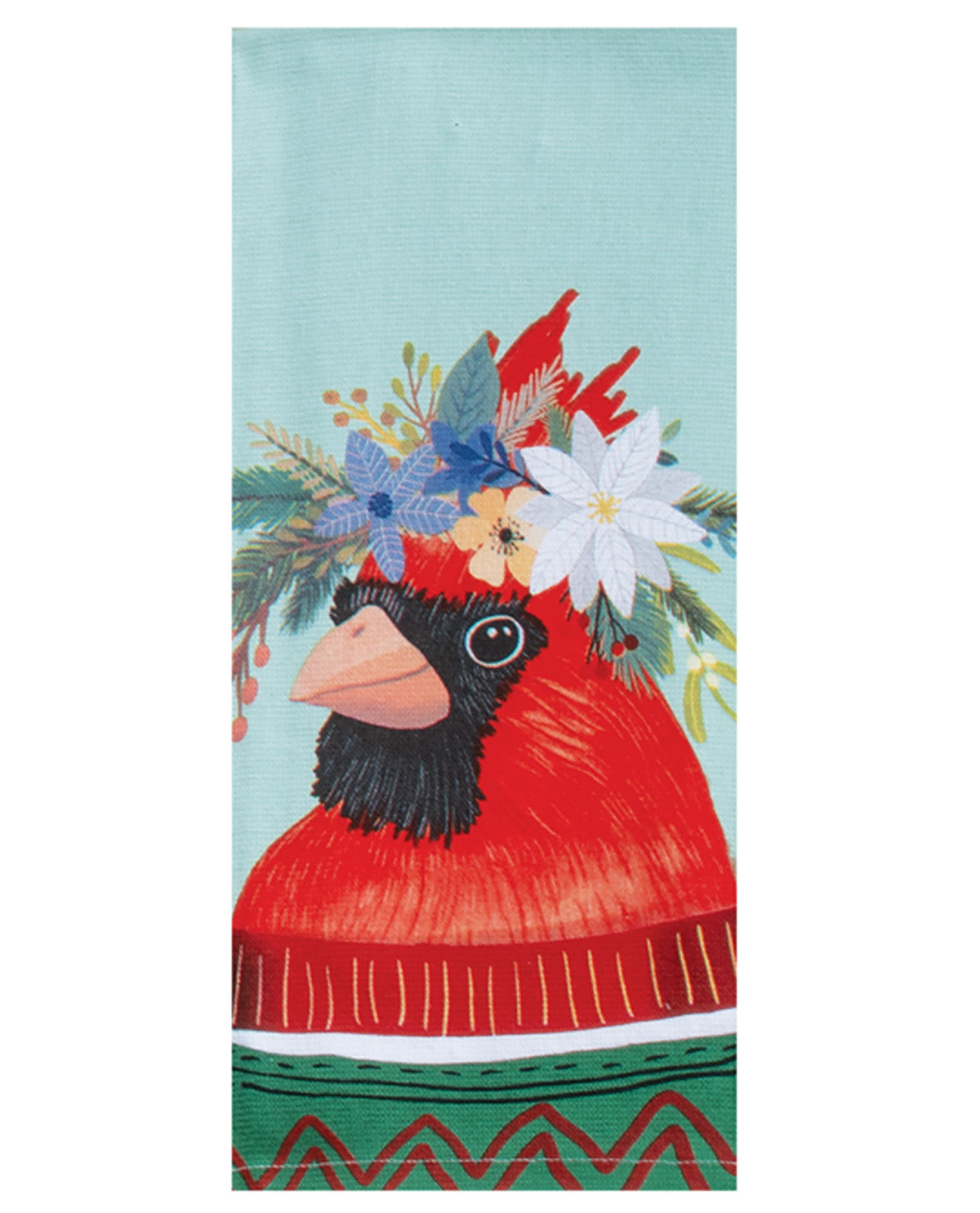 Cardinal bird with floral headband on a light blue background