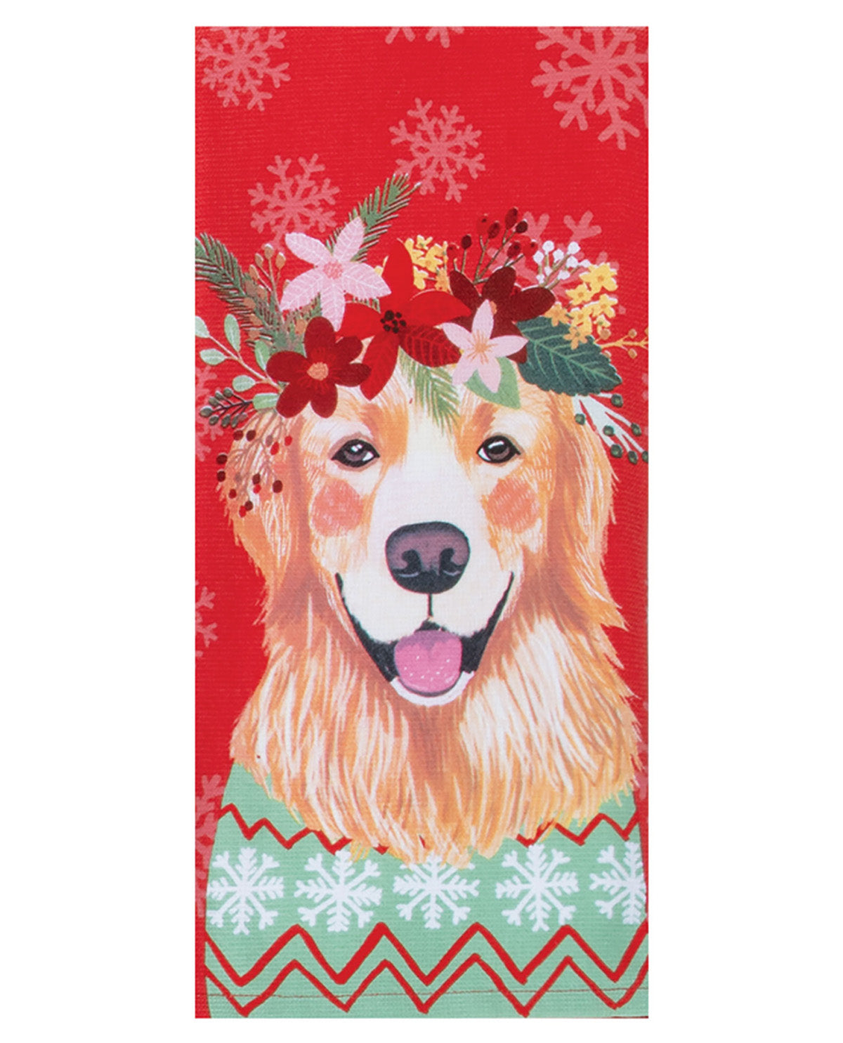 Dog with floral headband on a red background with snowflakes