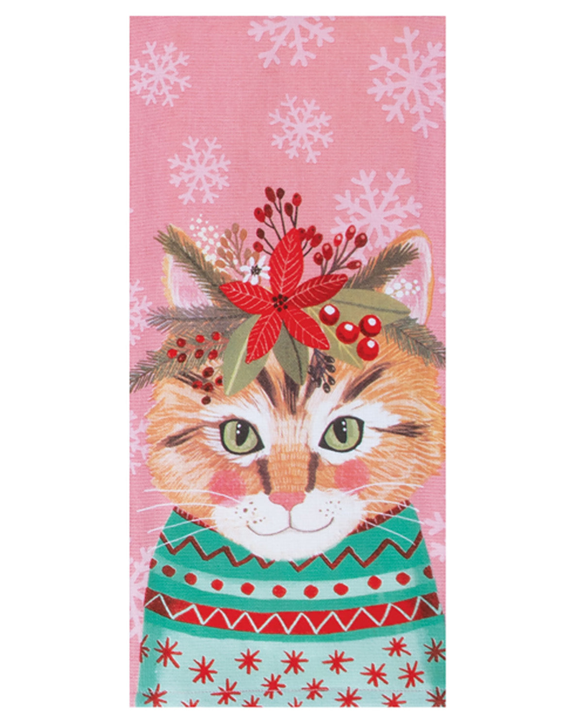 Cat wearing a festive sweater with a pink background featuring snowflakes