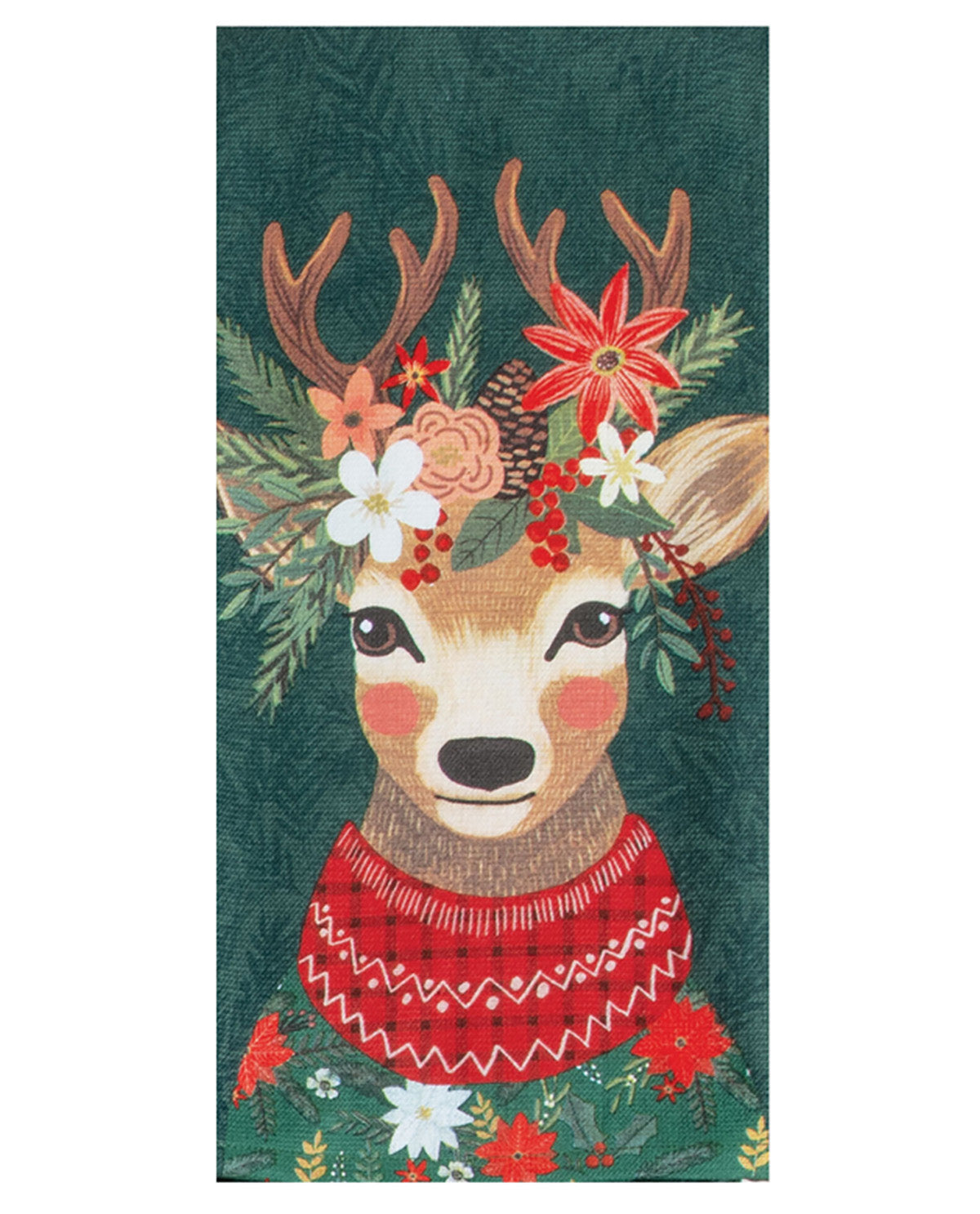 A rectangular textile product, likely a towel or blanket, featuring a festive Christmas deer design. The deer has brown antlers decorated with white, red, and pink flowers, green pine branches, and a red patterned knit sweater against a dark green textured background.