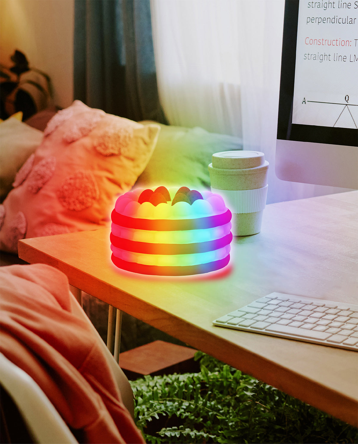 A rainbow LED lighted pop toy cake sits on a wooden desk in a cozy home office setting next to a computer keyboard, mouse, and coffee cup.