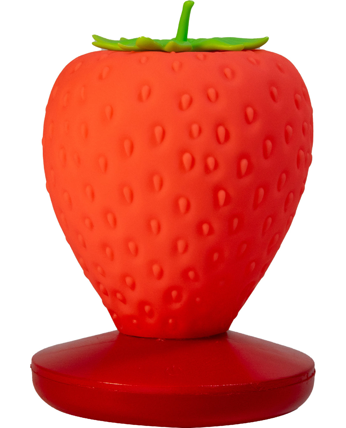 A red strawberry-shaped object with a green stem on top, standing on a round red base against a plain white background.