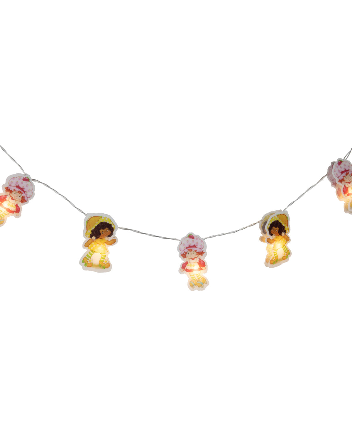 A string of decorative fairy lights featuring small illustrated angel figures glowing with warm yellow light, shown against a plain white background.