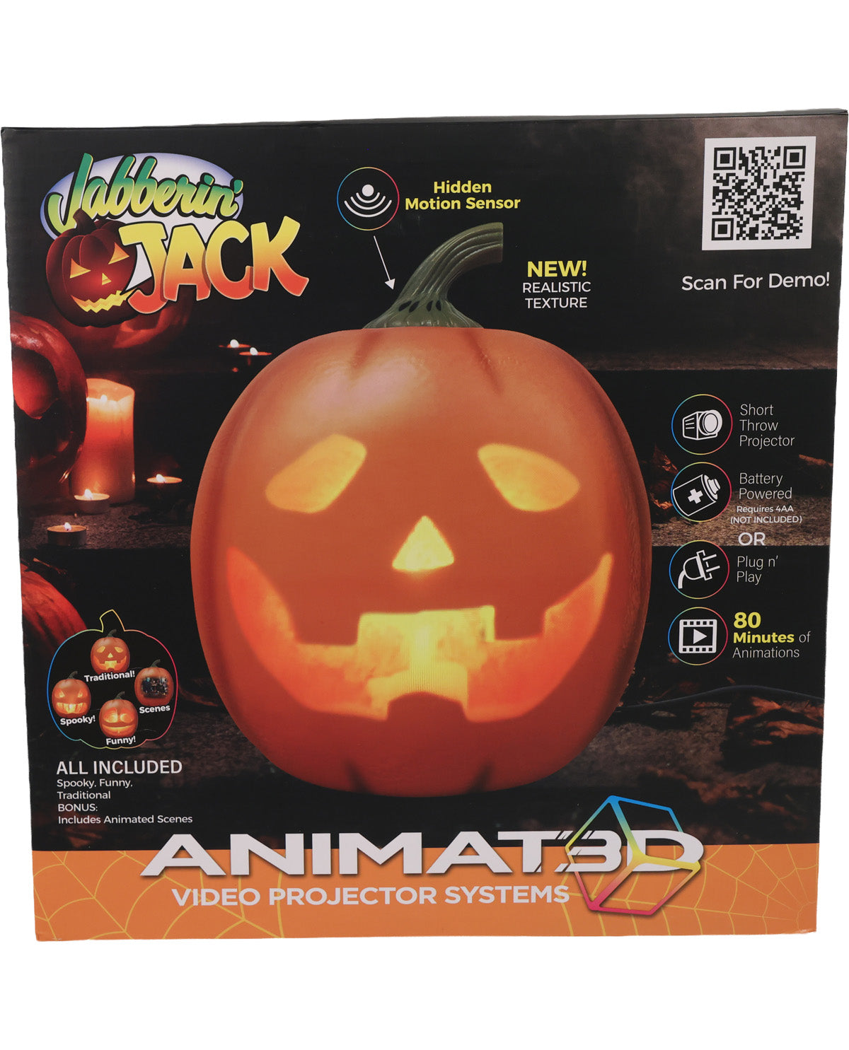 Front of the retail box for Jabberin' Jack Animat3d Video Projector Systems, featuring a large glowing jack-o'-lantern on a dark Halloween-themed background with feature callouts and a QR code.