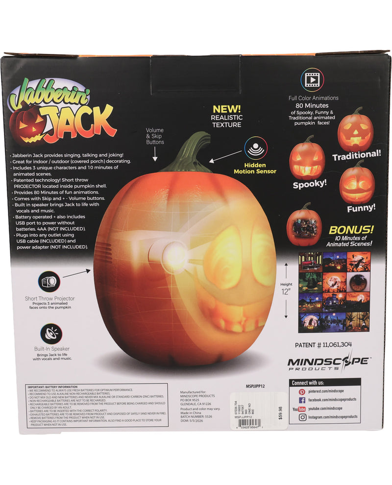 The back of the retail packaging box for the Jabberjack by Mindscape Product, showing product features, illustrations of different jack-o'-lantern face modes, and specifications.