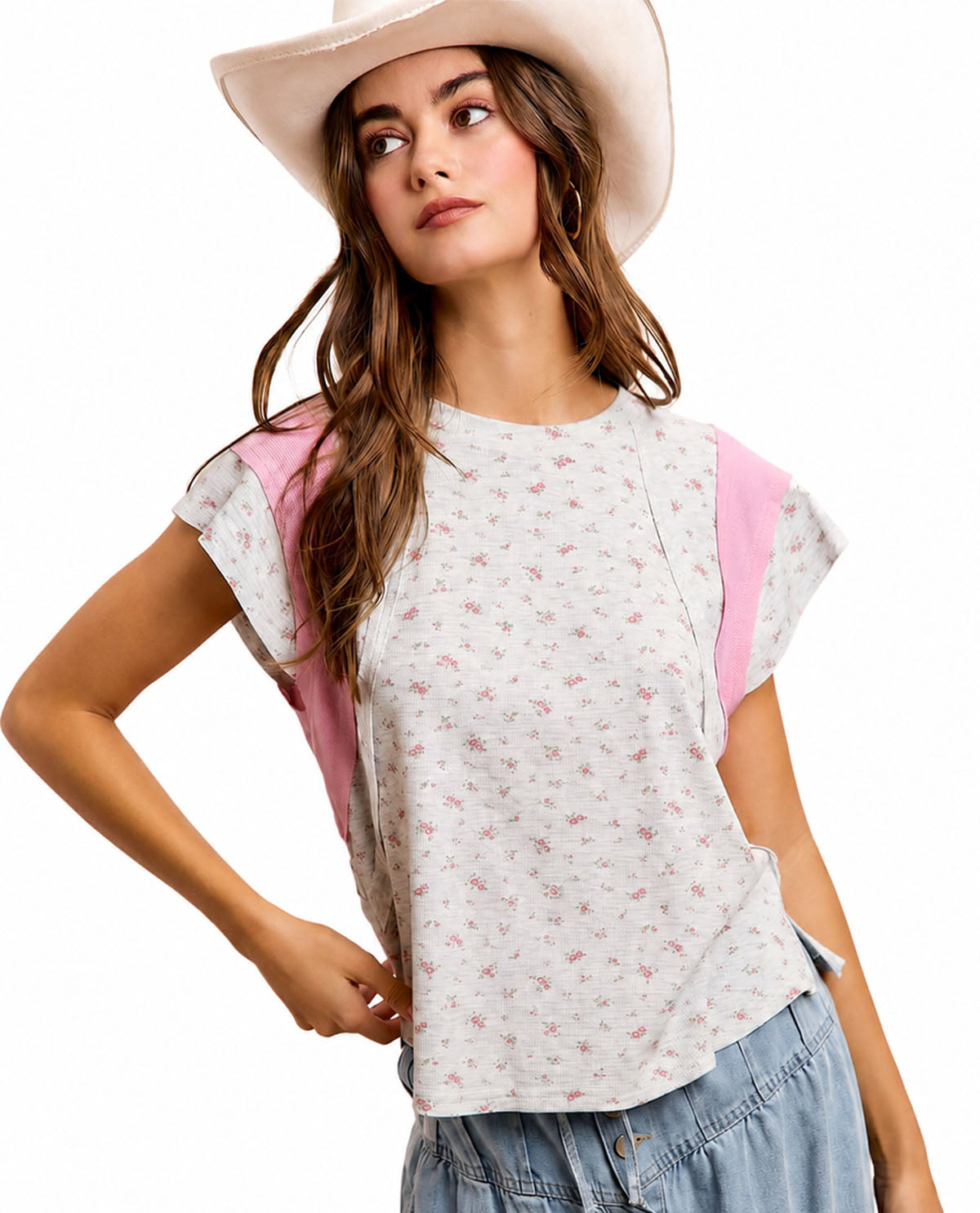 Bibi Floral Ribbed Top Gray/Blush