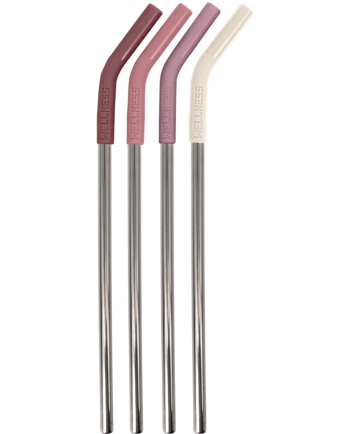 Four reusable curved metal straws with colored silicone tops in dusty rose, mauve, lilac, and cream, shown on a plain white background.