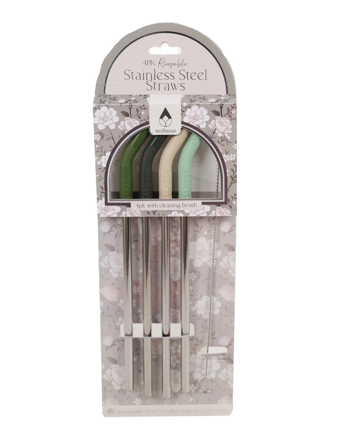 A 4-piece reusable stainless steel straw set in floral-patterned packaging, featuring silver metal straws with green, beige, and mint green silicone tips and a cleaning brush.