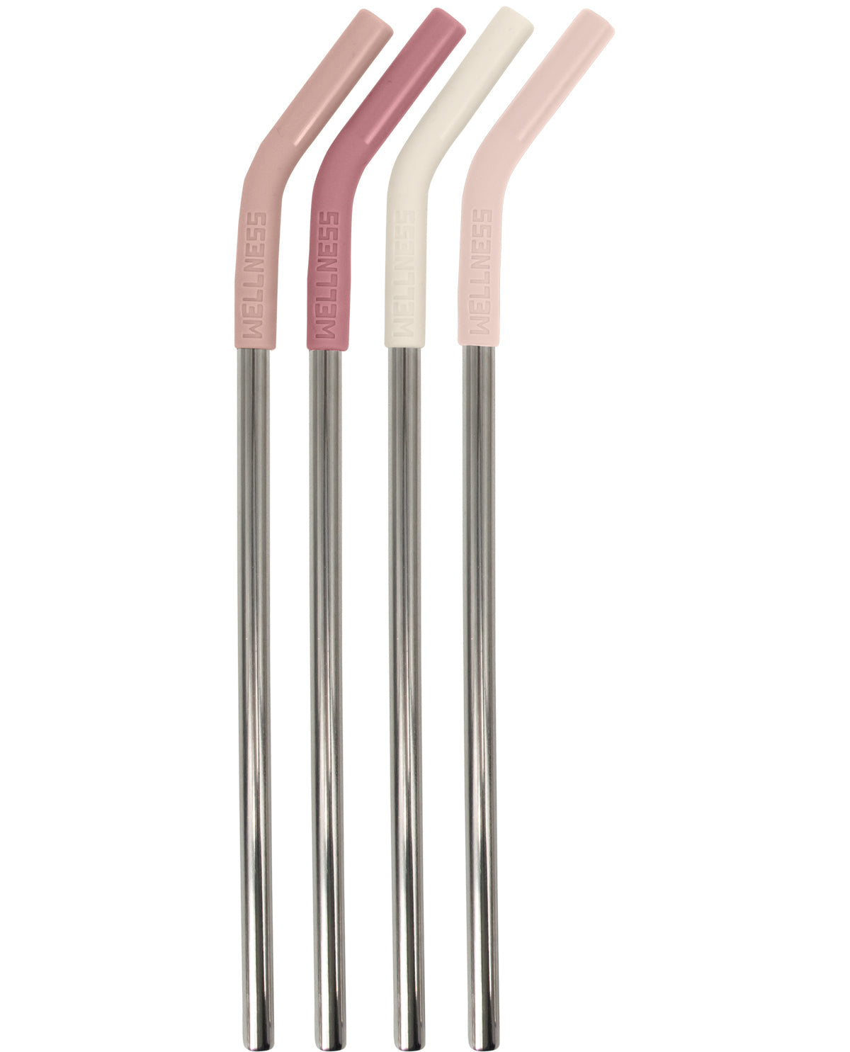 Four reusable curved metal straws with pastel-colored silicone tips in pink, mauve, cream, and pale pink, arranged vertically on a white background.