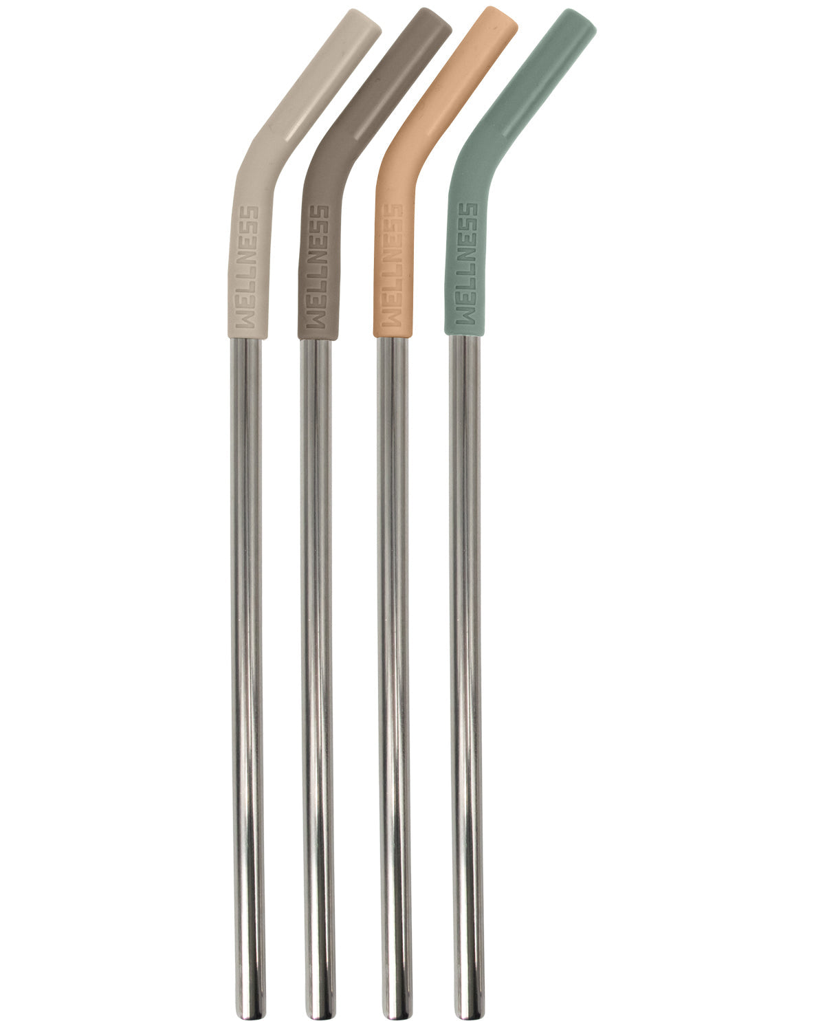 Four reusable metal straws with curved handles in beige, taupe, tan, and sage green, shown vertically on a plain white background.