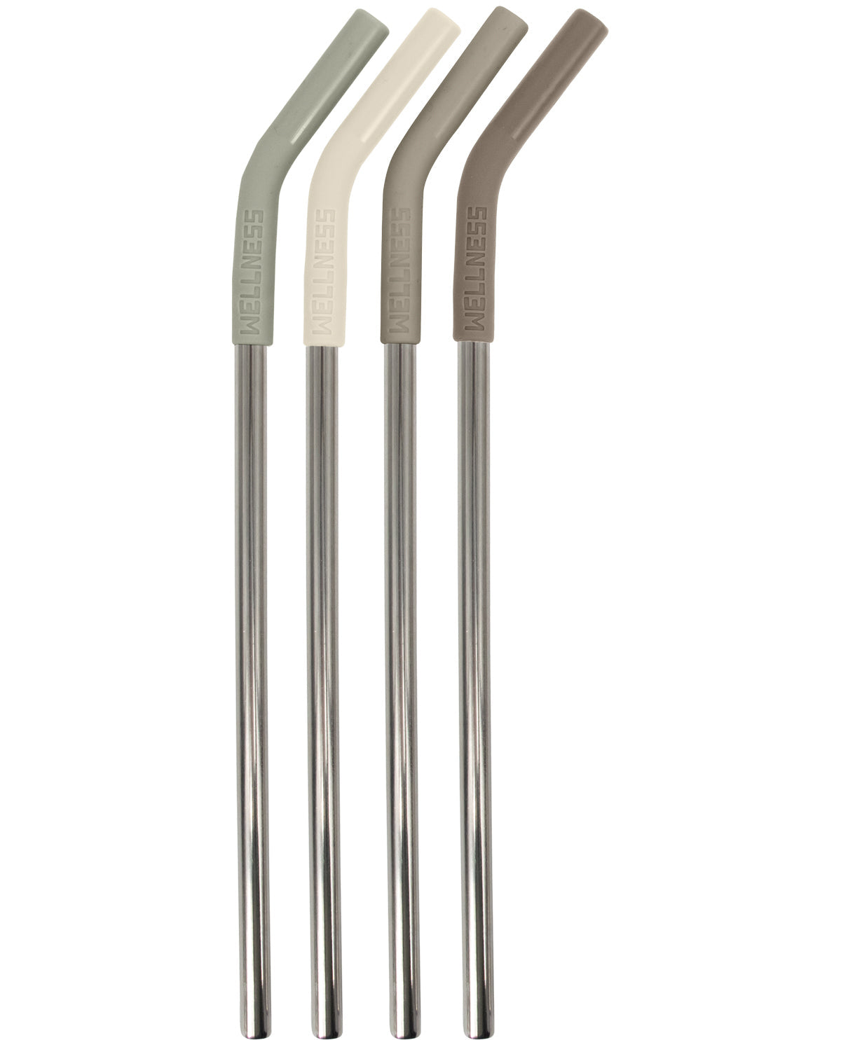 Four reusable bent drinking straws with metallic silver stems and handles in sage green, cream, taupe, and brown, arranged vertically on a white background.
