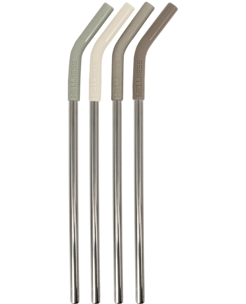 Four reusable bent drinking straws with metallic silver stems and handles in sage green, cream, taupe, and brown, arranged vertically on a white background.