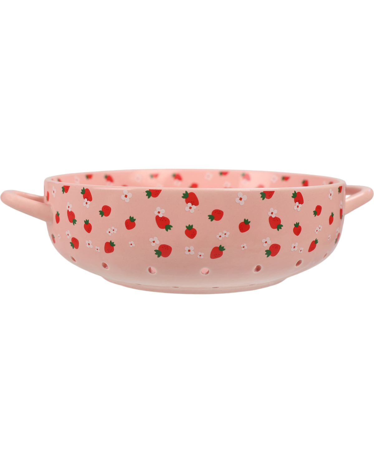 A pink ceramic bowl with side handles, decorated with a repeating pattern of red strawberries and small white flowers, shown against a plain white background.
