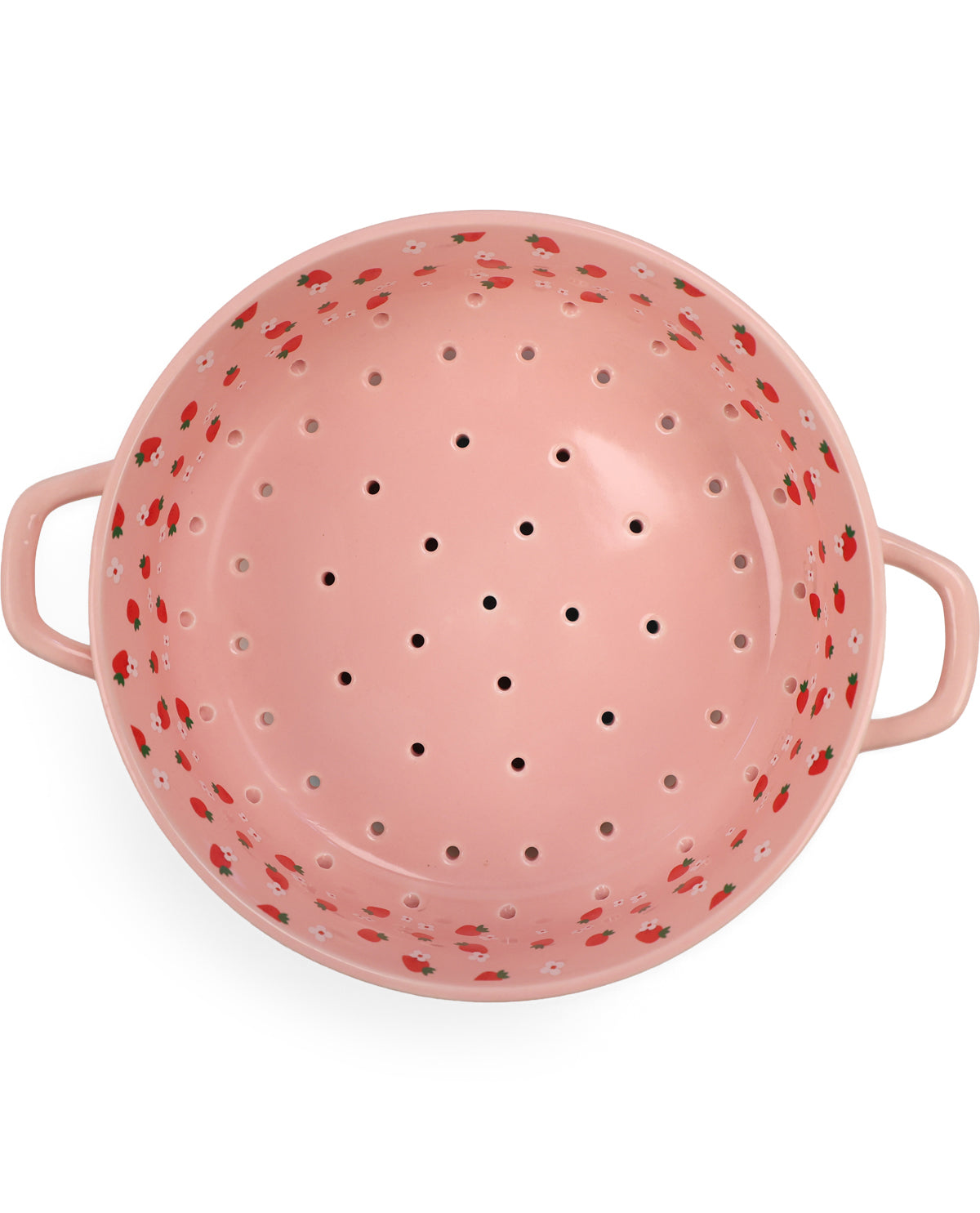 A pink enamel colander with small red strawberry patterns around the rim and handles, shown from a top-down view on a white background.