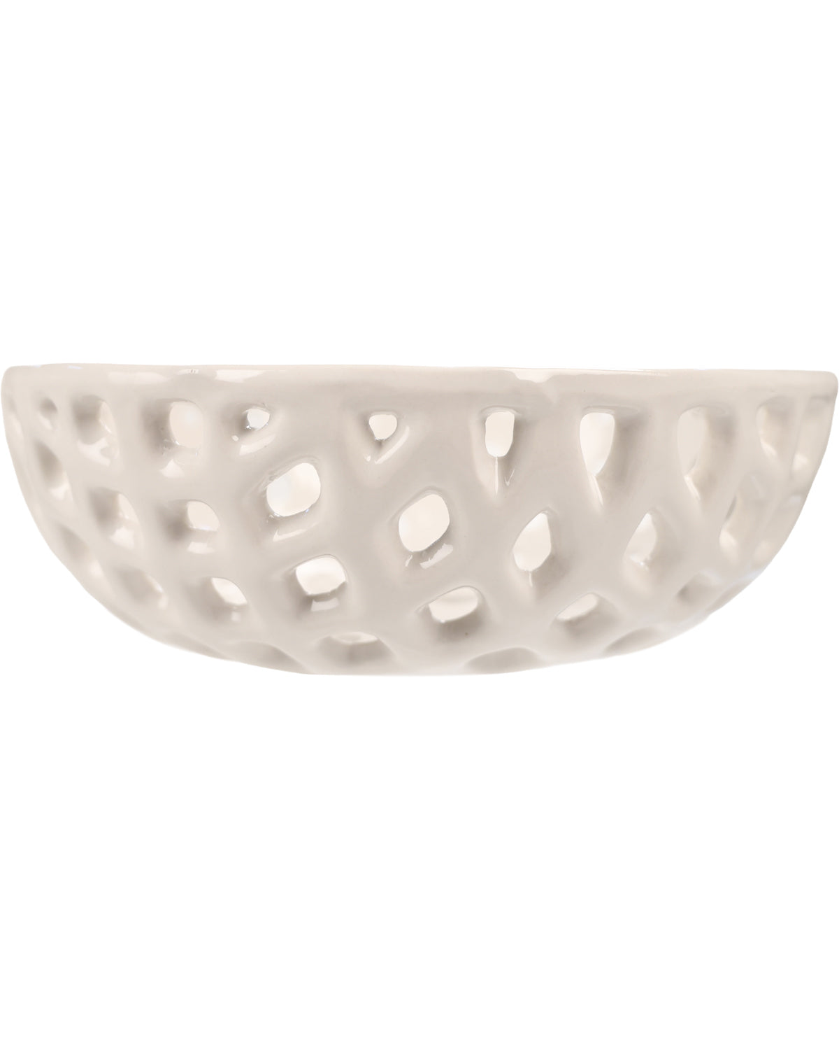 An off-white ceramic bowl with an intricate openwork, lattice-like pattern of cutouts, shown against a solid white background.