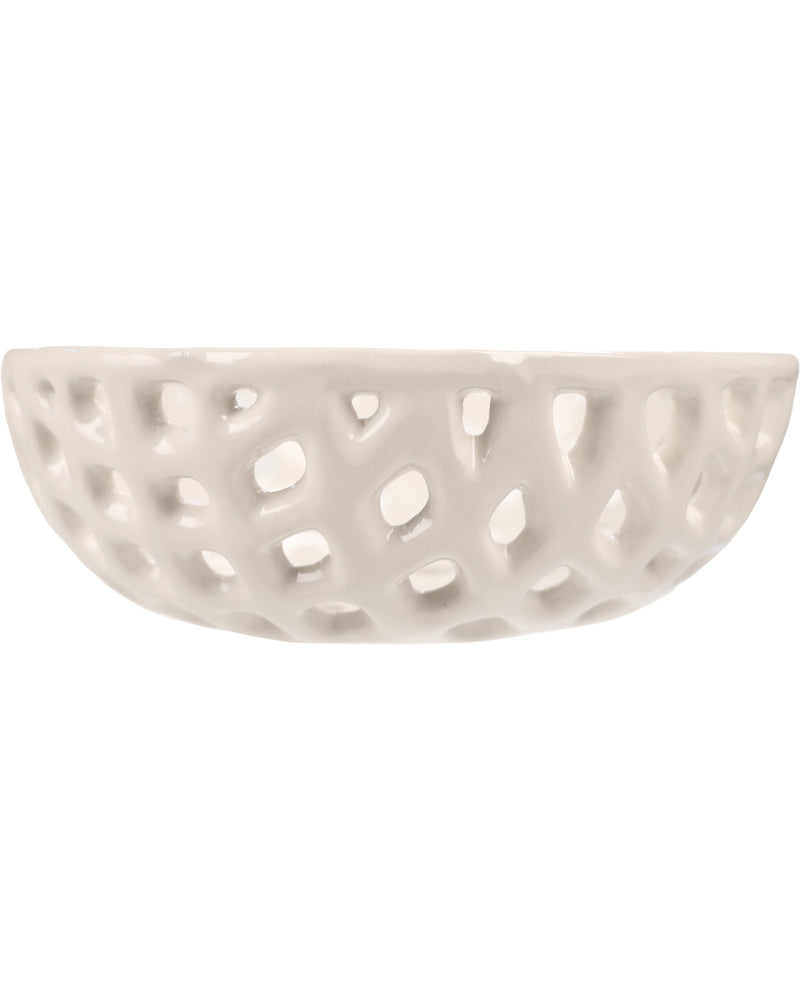 An off-white ceramic bowl with an intricate openwork, lattice-like pattern of cutouts, shown against a solid white background.