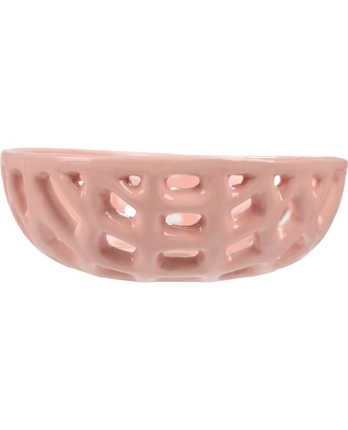 A small, semi-circular ceramic dish with an open lattice pattern, finished in a glossy light pink glaze, set against a plain white background.