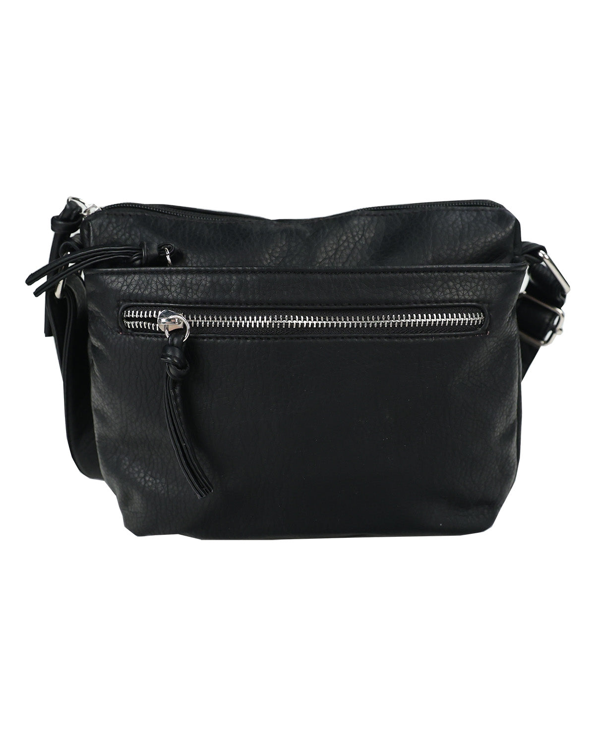 Black faux-leather crossbody bag with a front zippered pocket and silver zipper hardware, shown against a plain white background.