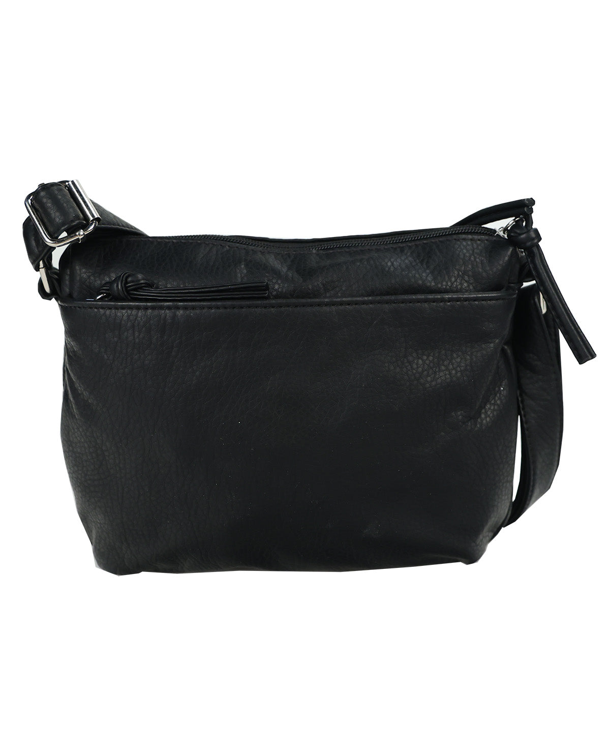 Black faux-leather crossbody bag with a pebbled texture, featuring a front zippered pocket, adjustable shoulder strap, and silver-tone buckle.