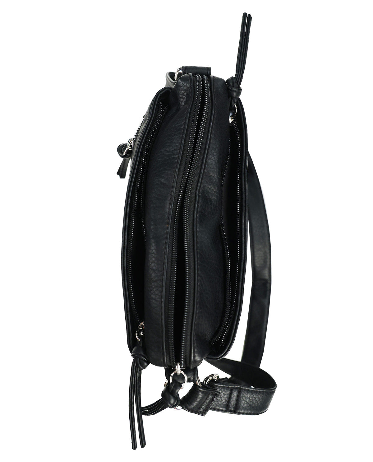 Black faux-leather crossbody bag with multiple zippered compartments and a detachable shoulder strap, shown from a side profile view on a white background.